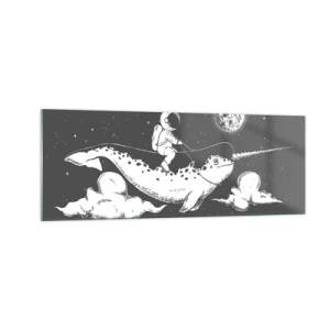 Cuadro sobre vidrio - Impresiones sobre Vidrio - Un astronauta en el lomo de un narval flotando en una escena espacial. - 140x50cm - Jinete espacial - Decoración de pared moderna para salón y dormitorio ARTTOR