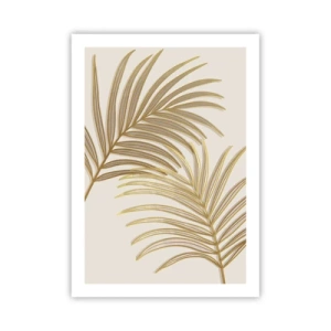 Póster - Hojas de palma doradas en estilo minimalista sobre un fondo claro. - 50x70cm - Palma de Oro - Decoración de pared moderna para salón y dormitorio ARTTOR