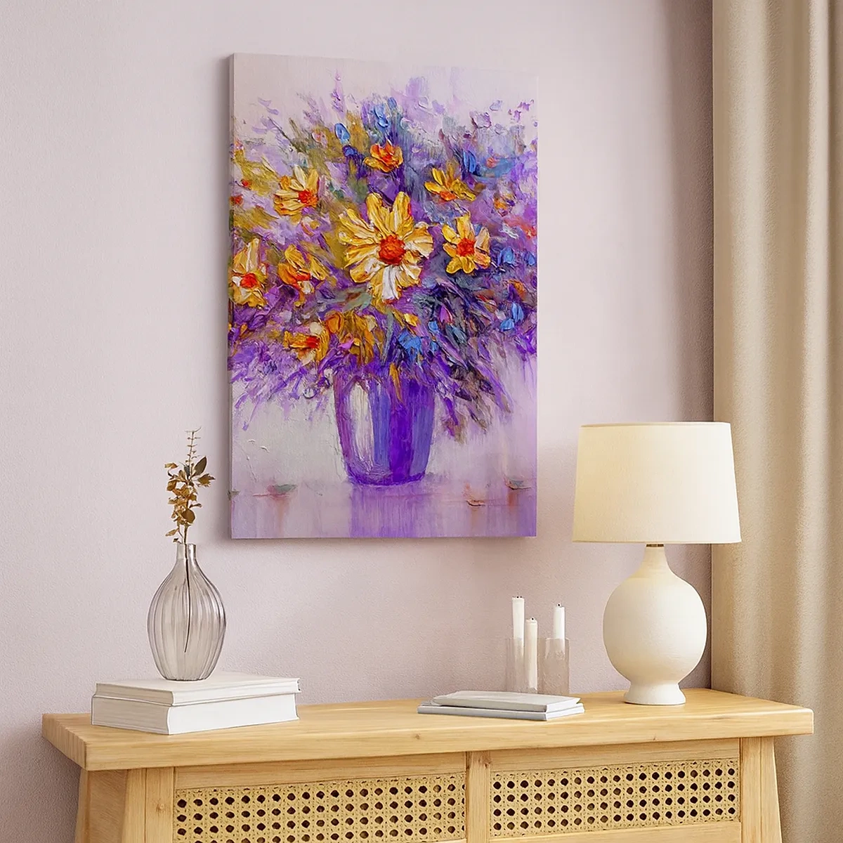 Cuadro sobre lienzo - Impresión de Imagen - Un ramo de flores en un jarrón sobre un fondo pastel. - 50x70cm - Huele dulce, parece dulce - Decoración de pared moderna para salón y dormitorio ARTTOR