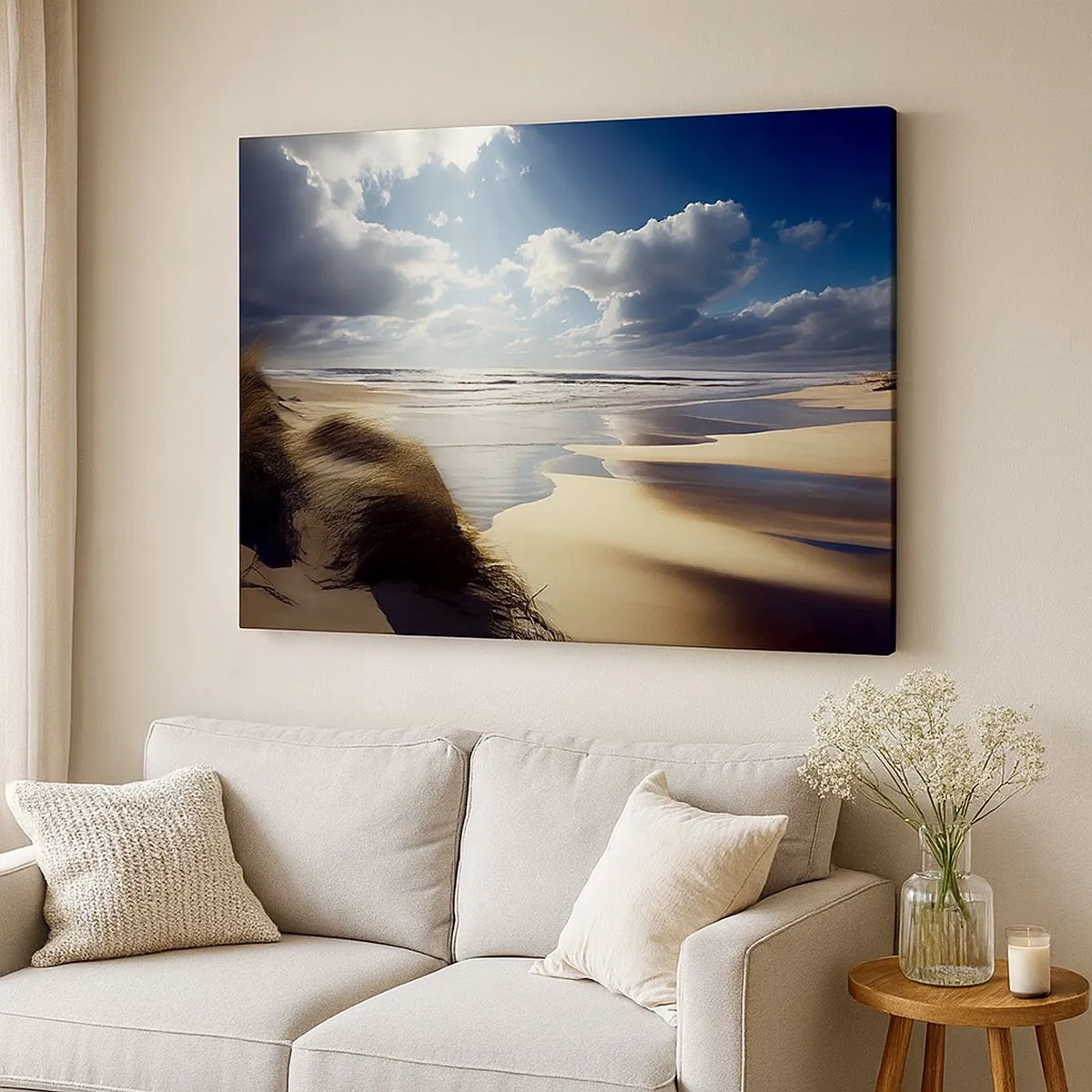 Cuadro sobre lienzo - Impresión de Imagen - Una playa salvaje con dunas y cielos azules. - 70x50cm - Playa, playa salvaje - Decoración de pared moderna para salón y dormitorio ARTTOR