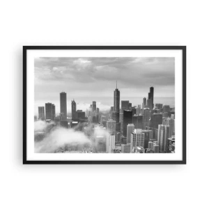 Póster en marco negro - Panorama de la ciudad con rascacielos en las nubes en blanco y negro - 70x50cm - Paisaje americano - Decoración de pared moderna para salón y dormitorio ARTTOR