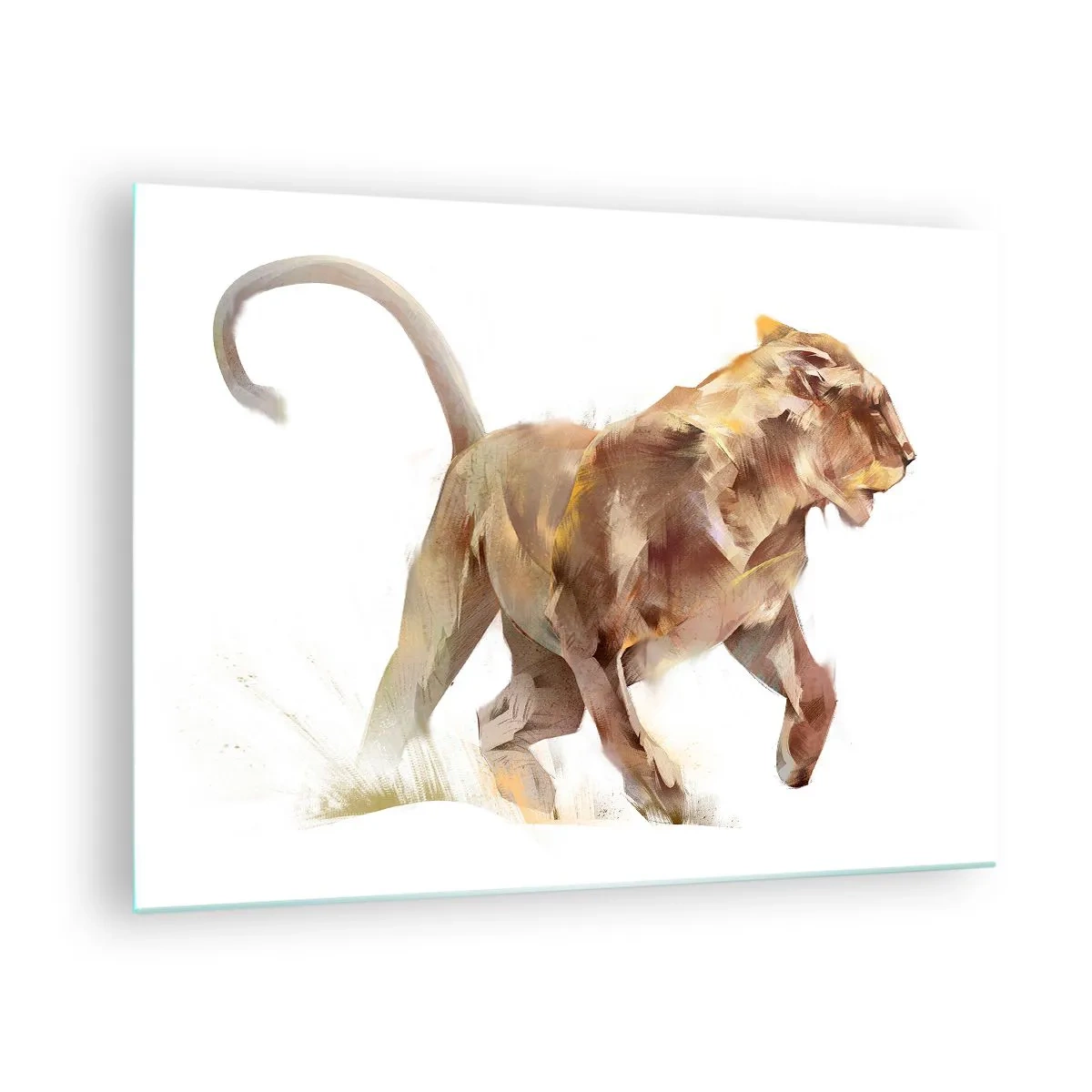 Cuadro sobre vidrio - Impresiones sobre Vidrio - Silueta dinámica de un león en estilo artístico sobre fondo blanco. - 70x50cm - Gracia salvaje - Decoración de pared moderna para salón y dormitorio ARTTOR