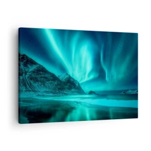 Cuadro sobre lienzo - Impresión de Imagen - Aurora boreal sobre un paisaje invernal montañoso - 70x50cm - Maravillas del norte - Decoración de pared moderna para salón y dormitorio ARTTOR