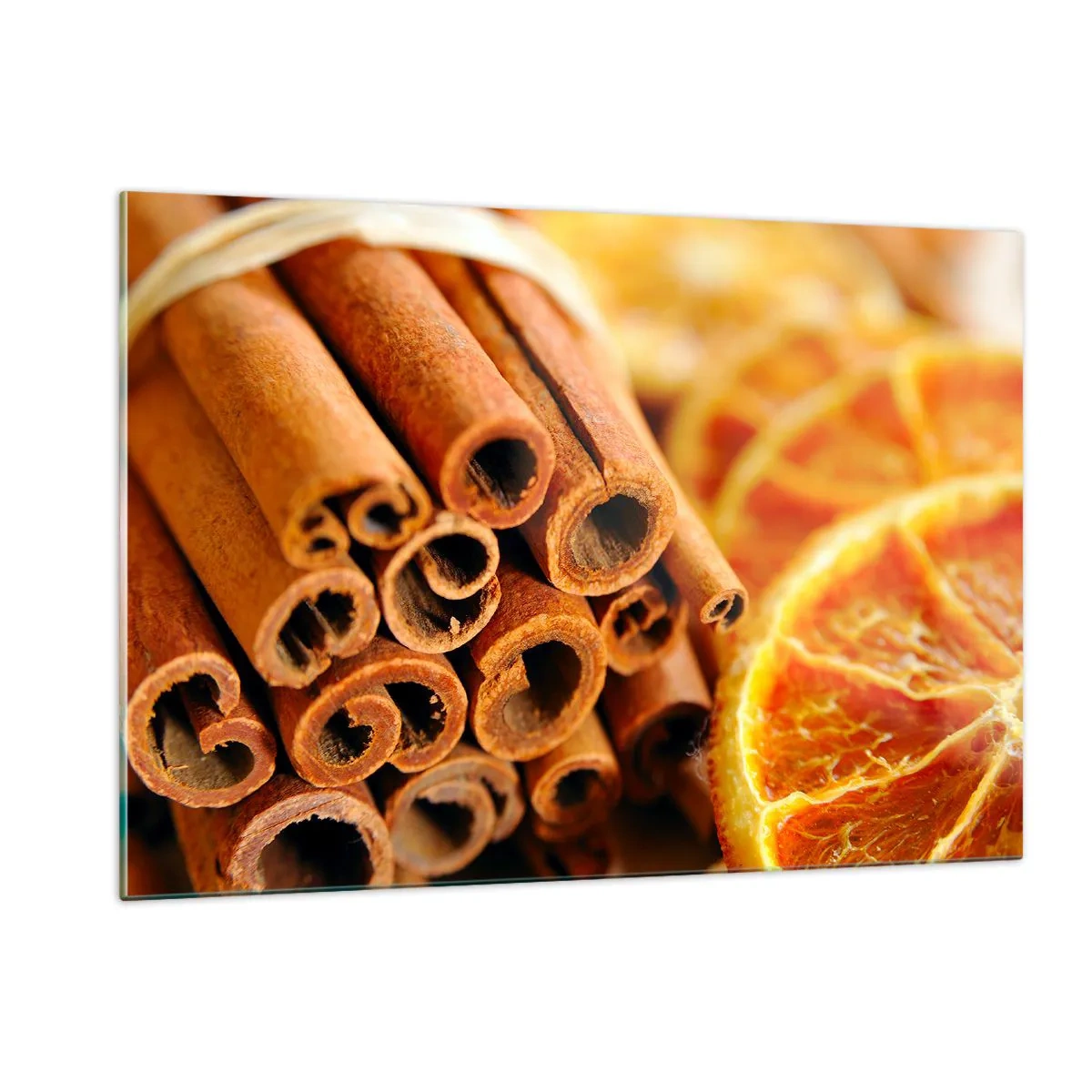 Cuadro sobre vidrio - Impresiones sobre Vidrio - Primer plano de ramas de canela y rodajas de naranja secas - 120x80cm - ¿Puedes oler su aroma? - Decoración de pared moderna para salón y dormitorio ARTTOR