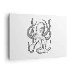 Cuadro sobre lienzo - Impresión de Imagen - Dibujo en blanco y negro de un pulpo sobre un fondo blanco en estilo vintage. - 70x50cm - Bailando con olas - Decoración de pared moderna para salón y dormitorio ARTTOR