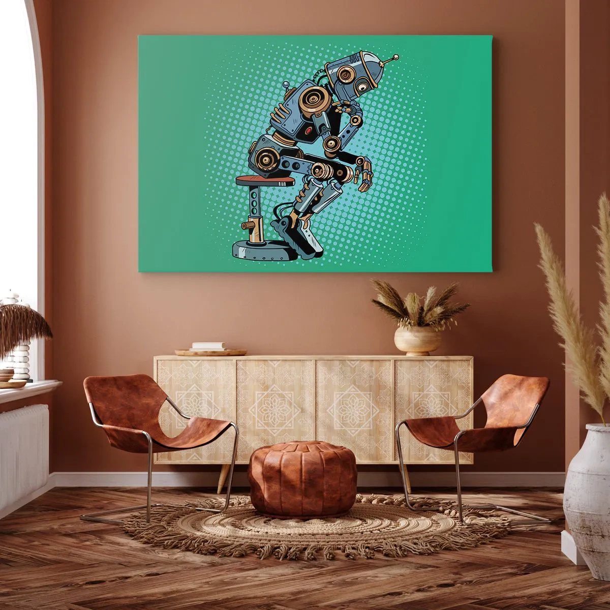 Cuadro sobre lienzo - Impresión de Imagen - Robot pensador de estilo pop art sobre un fondo verde - 120x80cm - Sobre la esencia del ser - Decoración de pared moderna para salón y dormitorio ARTTOR