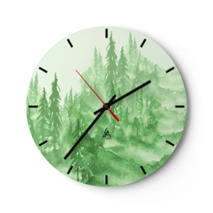 Reloj de pared - Reloj de vidrio - Un bosque verde en estilo acuarela lleno de armonía. - 30x30cm - Difuminado con niebla verde - Decoración de pared moderna para salón, cocina y dormitorio ARTTOR