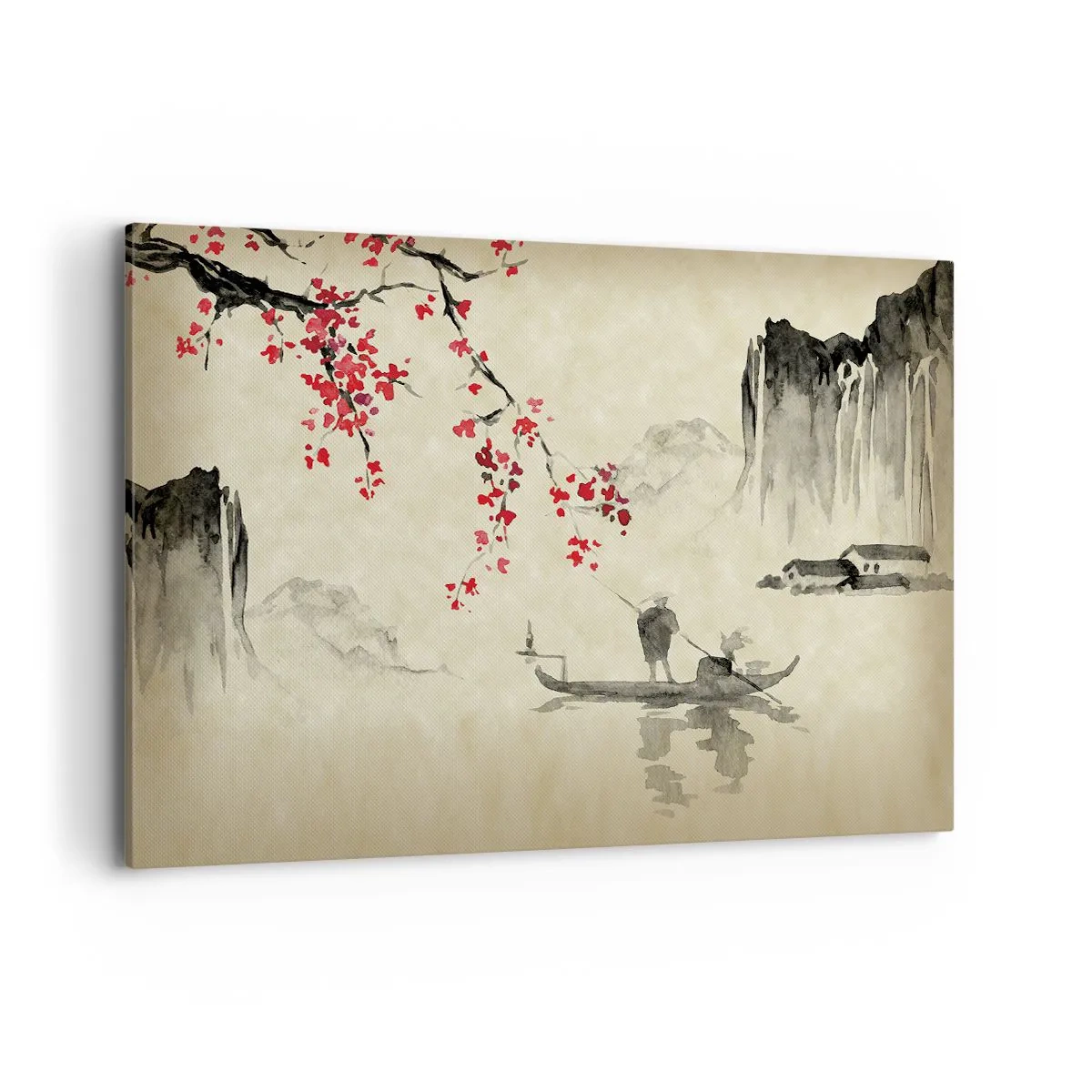 Cuadro sobre lienzo - Impresión de Imagen - Ilustración oriental con un barco y una rama floreciente. - 120x80cm - En el país de los cerezos en flor - Decoración de pared moderna para salón y dormitorio ARTTOR