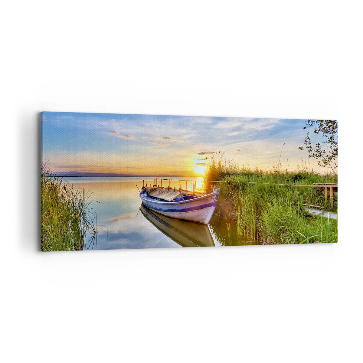 Cuadro sobre lienzo - Impresión de Imagen - Un barco en una bahía tranquila al atardecer. - 120x50cm - Sueños cumplidos - Decoración de pared moderna para salón y dormitorio ARTTOR