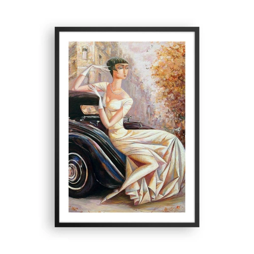 Póster en marco negro - Mujer elegante junto a un coche retro en estilo pictórico - 50x70cm - Elegancia retro - Decoración de pared moderna para salón y dormitorio ARTTOR