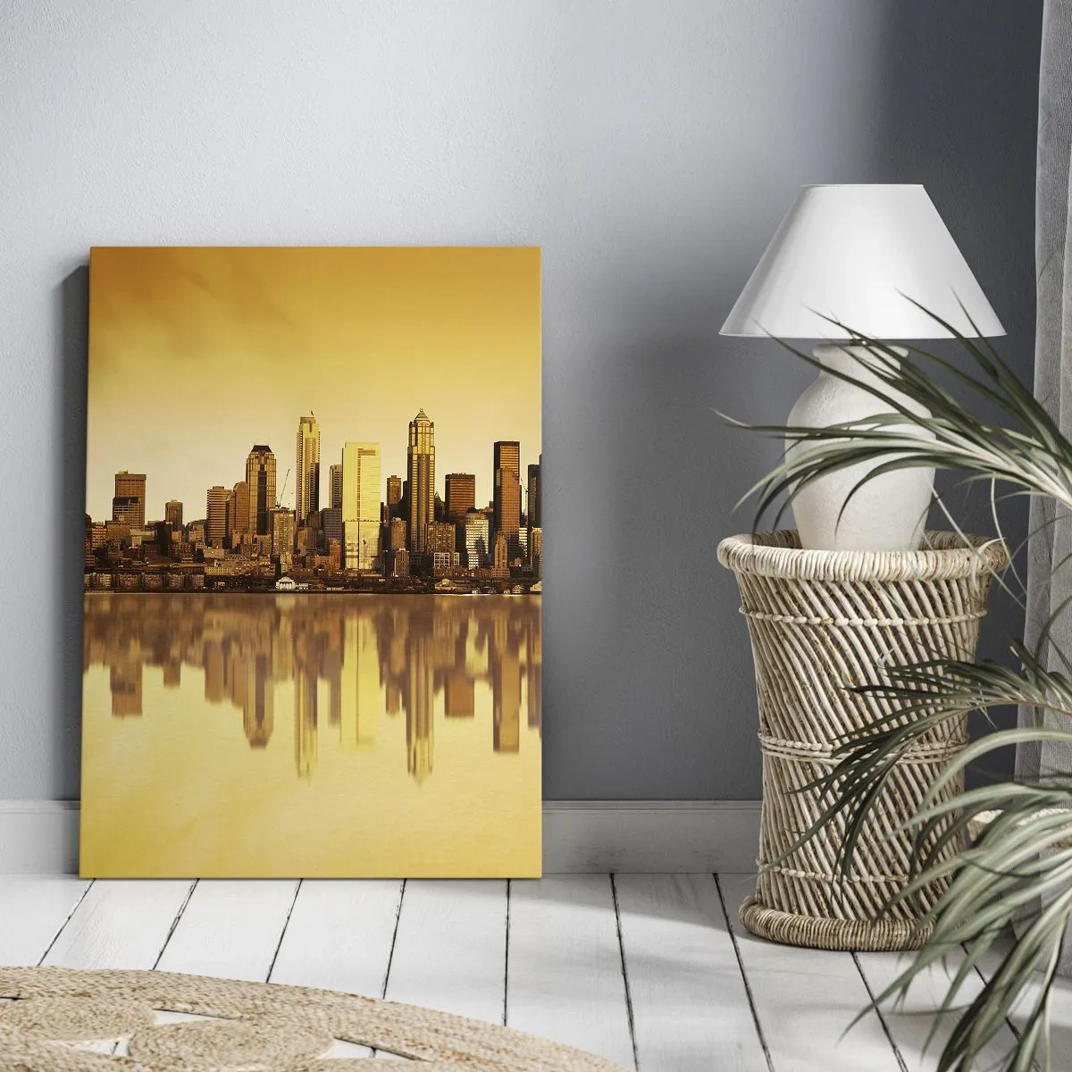 Cuadro sobre lienzo - Impresión de Imagen - Panorama de la ciudad reflejado en el agua al atardecer - 50x70cm - El silencio de la metrópoli - Decoración de pared moderna para salón y dormitorio ARTTOR