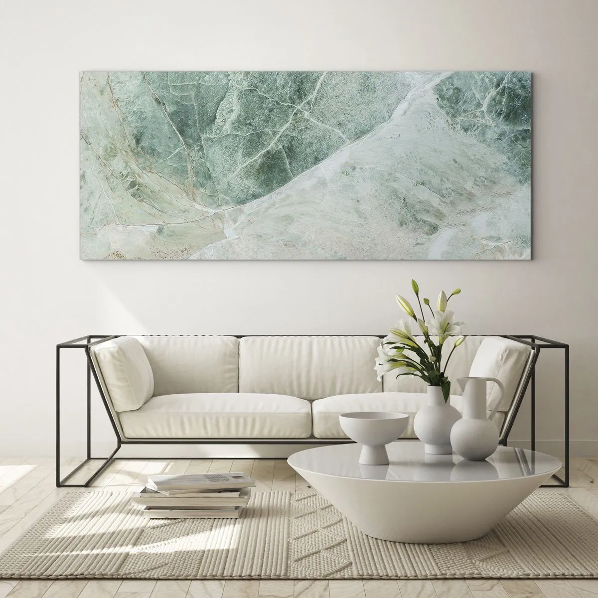 Cuadro sobre vidrio - Impresiones sobre Vidrio - Mármol verde con delicadas vetas blancas. - 140x50cm - El noble frescor de la piedra - Decoración de pared moderna para salón y dormitorio ARTTOR
