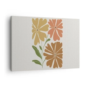 Cuadro sobre lienzo - Impresión de Imagen - Tres flores en colores cálidos sobre un fondo claro. - 70x50cm - Naturaleza y geometría - Decoración de pared moderna para salón y dormitorio ARTTOR