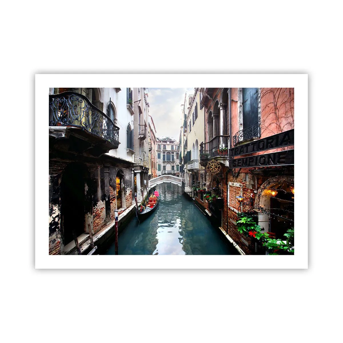 Póster - Paisaje veneciano con góndola y puente - 70x50 cm