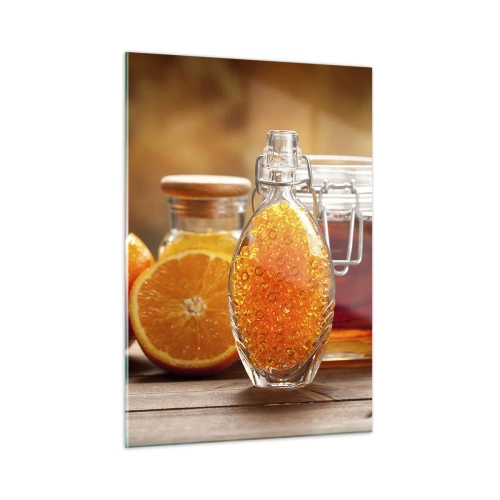Cuadro sobre vidrio - Impresiones sobre Vidrio - Una botella de aceite y una naranja sobre una mesa de madera. - 50x70cm - Sabores y aromas soleados - Decoración de pared moderna para salón y dormitorio ARTTOR