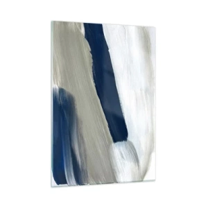 Cuadro sobre vidrio - Impresiones sobre Vidrio - Abstracción minimalista con trazos dinámicos de blanco, azul marino y gris. - 50x70cm - Encuentro con el blanco - Decoración de pared moderna para salón y dormitorio ARTTOR
