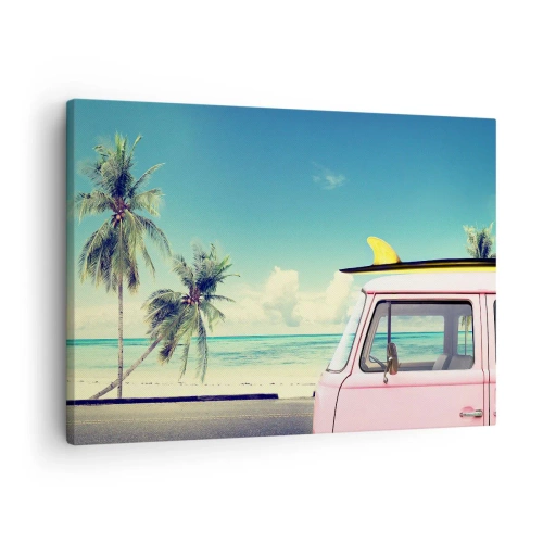 Cuadro sobre lienzo - Impresión de Imagen - Una camioneta rosa con una tabla de surf frente a una playa tropical. - 70x50cm - Comienzan las vacaciones - Decoración de pared moderna para salón y dormitorio ARTTOR