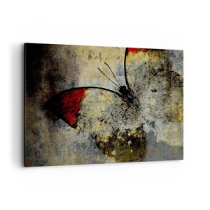 Cuadro sobre lienzo - Impresión de Imagen - Una mariposa en tonos rojos y grises sobre un fondo texturizado. - 120x80cm - Mira antes de que desaparezca - Decoración de pared moderna para salón y dormitorio ARTTOR