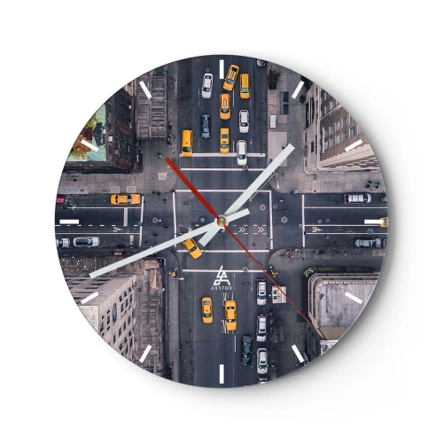 Reloj de pared - Reloj de vidrio - Vista aérea de la intersección con taxis amarillos. - 30x30cm - Una simple elección - Decoración de pared moderna para salón, cocina y dormitorio ARTTOR
