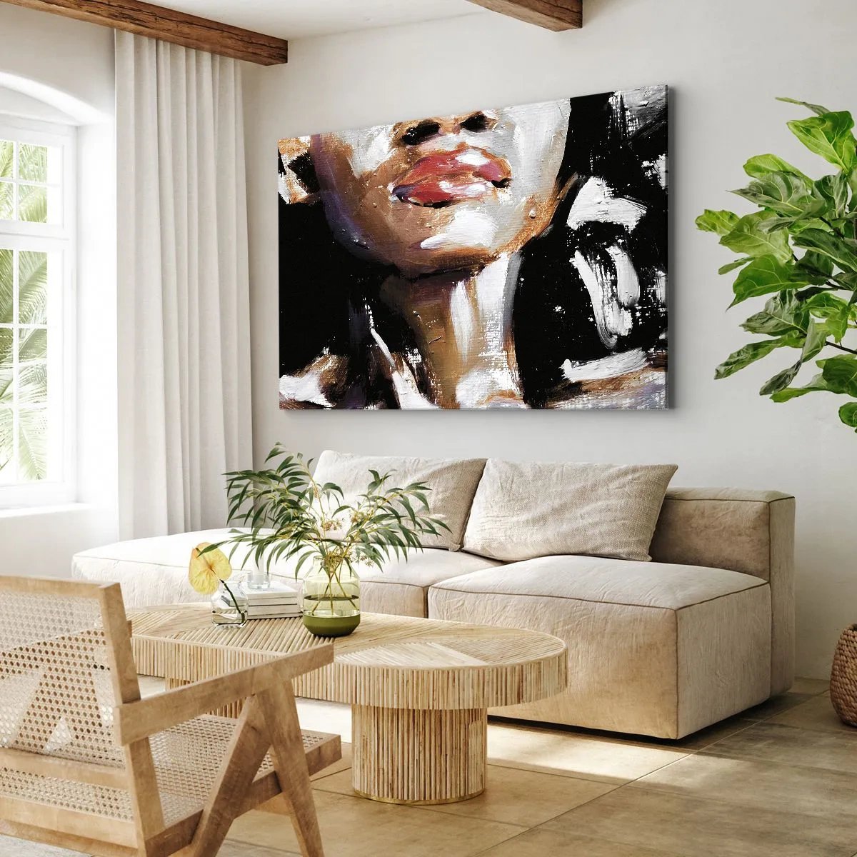 Cuadro sobre lienzo - Impresión de Imagen - Retrato de una mujer en un estilo pictórico expresivo sobre un fondo oscuro. - 70x50cm - Orgullo sin prejuicios - Decoración de pared moderna para salón y dormitorio ARTTOR