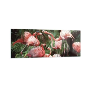Cuadro sobre vidrio - Impresiones sobre Vidrio - Un grupo de flamencos en un entorno tropical rodeado de palmeras. - 140x50cm - Cotilleos de la tarde - Decoración de pared moderna para salón y dormitorio ARTTOR
