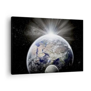 Cuadro sobre lienzo - Impresión de Imagen - La Tierra y la Luna iluminadas por el resplandor del espacio. - 70x50cm - En todo su esplendor - Decoración de pared moderna para salón y dormitorio ARTTOR