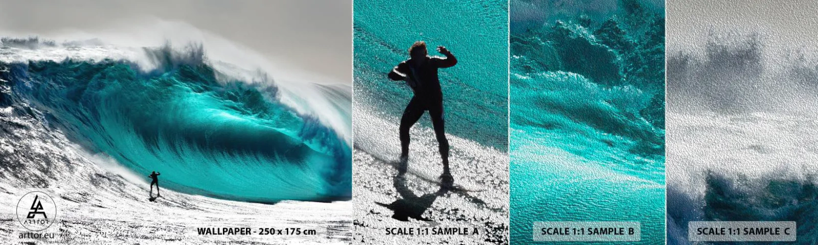 Muestra de fotomural Premium Sand - Reto aceptado - Surf, Ola alta, Tablista - 100x30 cm