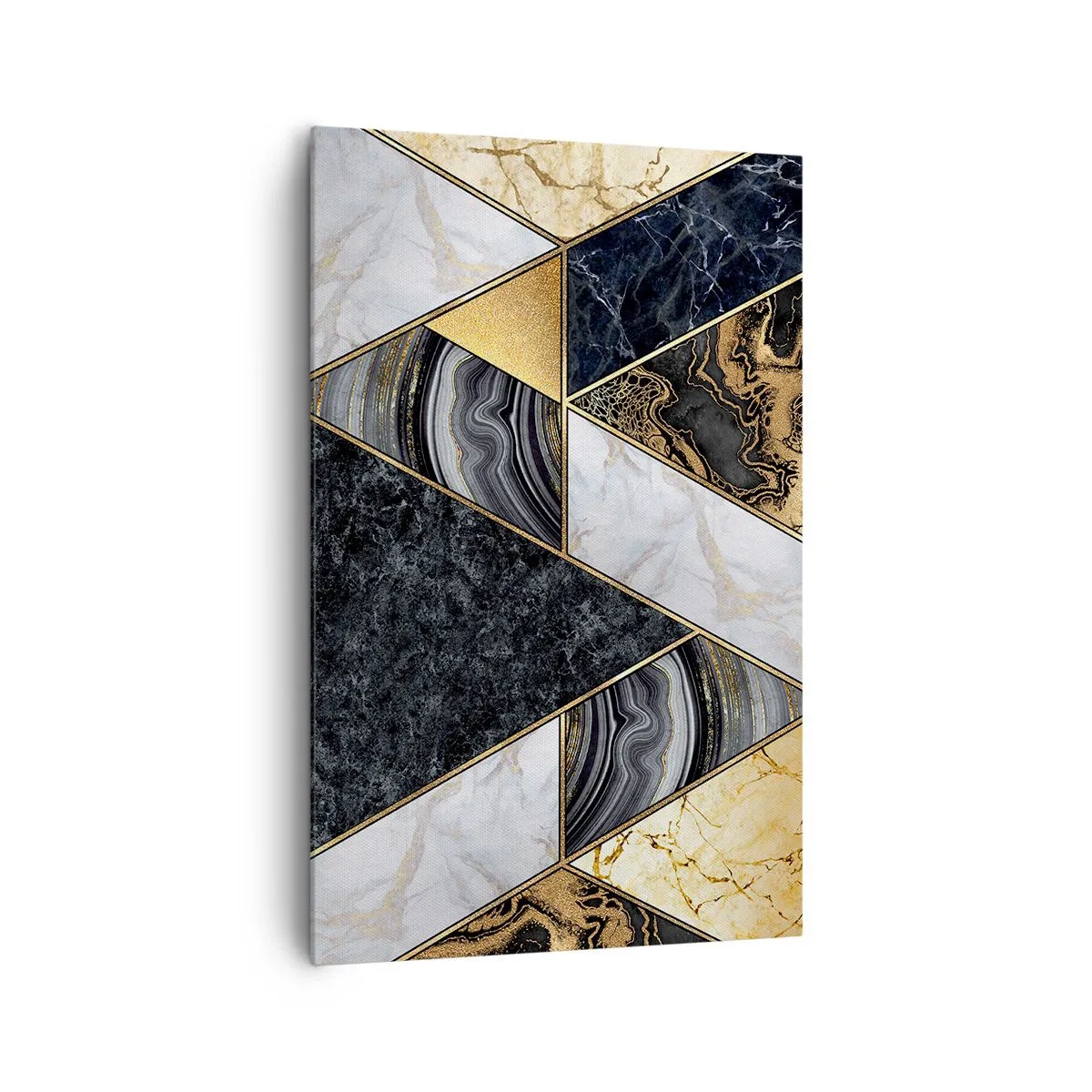 Cuadro sobre lienzo - Impresión de Imagen - Triángulos geométricos en dorado, mármol y tonos oscuros. - 80x120cm - Collage de piedras - Decoración de pared moderna para salón y dormitorio ARTTOR