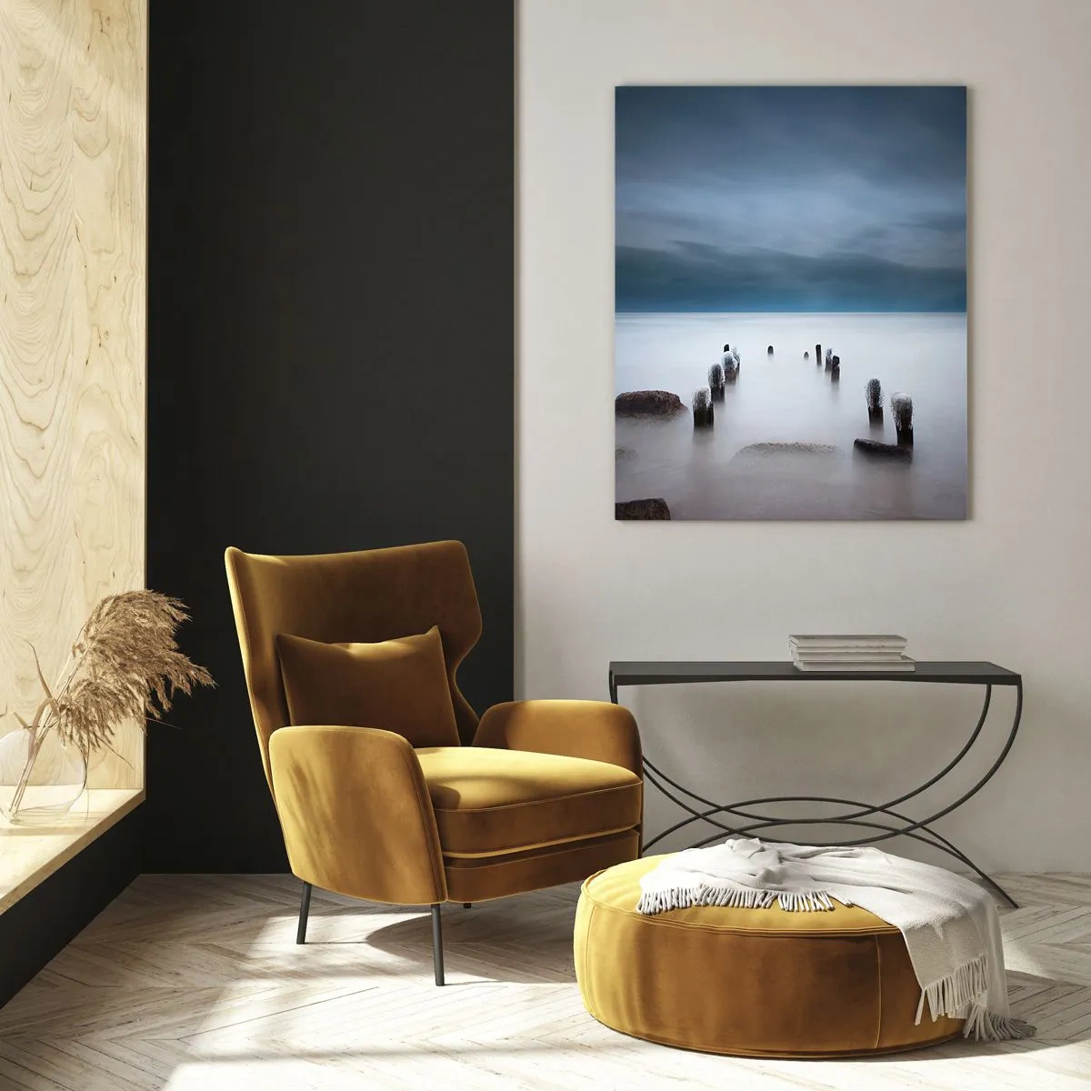 Cuadro sobre vidrio - Impresiones sobre Vidrio - El viejo muelle con el mar en calma como telón de fondo - 80x120cm - El lago del pensamiento - Decoración de pared moderna para salón y dormitorio ARTTOR
