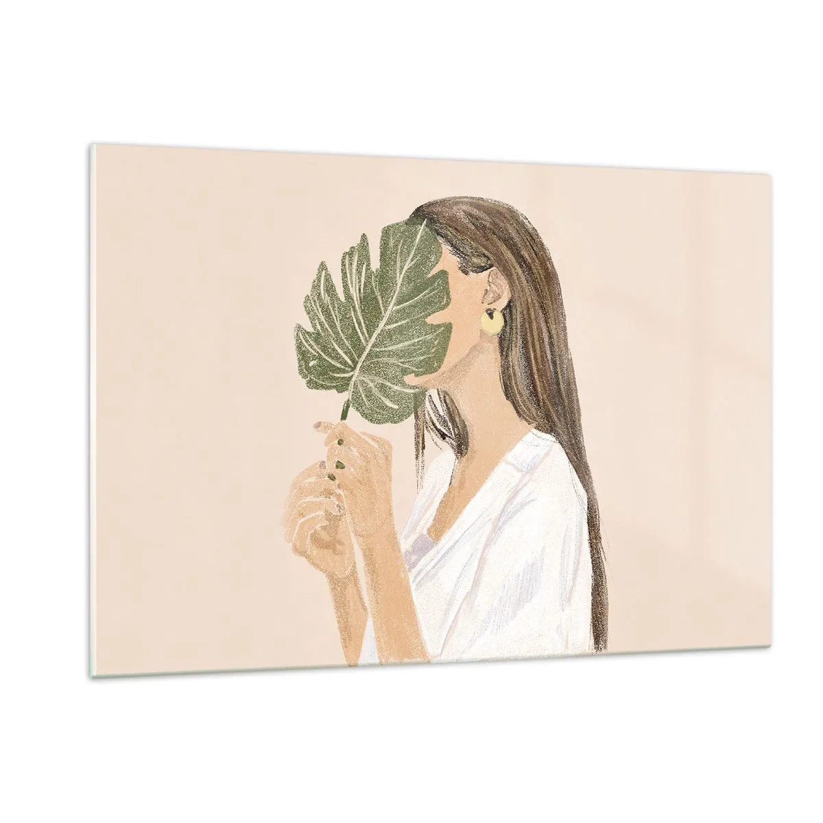 Cuadro sobre vidrio - Impresiones sobre Vidrio - Una mujer con cabello largo sosteniendo una hoja frente a su cara. - 120x80cm - Retrato misterioso con un abanico - Decoración de pared moderna para salón y dormitorio ARTTOR