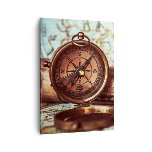 Cuadro sobre lienzo - Impresión de Imagen - Un conjunto retro con brújula, telescopio y mapa con temática de viajes. - 50x70cm - Te espera una aventura pirata en el Caribe - Decoración de pared moderna para salón y dormitorio ARTTOR