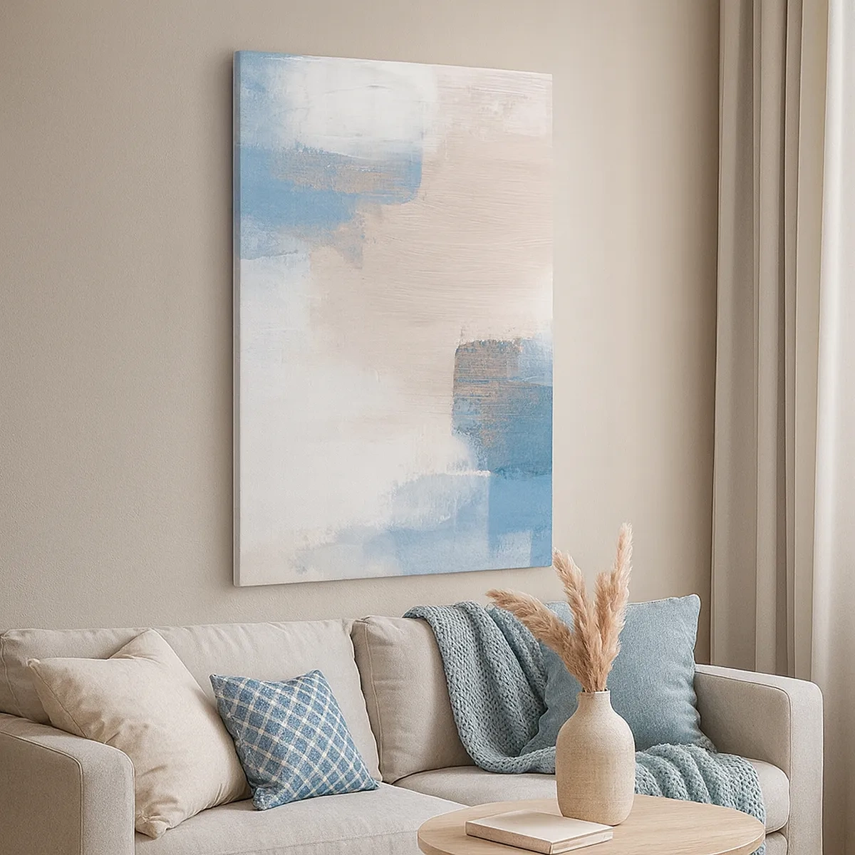 Cuadro sobre lienzo - Impresión de Imagen - Formas abstractas en tonos azules y beige. - 50x70cm - Abstracción rosa tras un velo azul - Decoración de pared moderna para salón y dormitorio ARTTOR