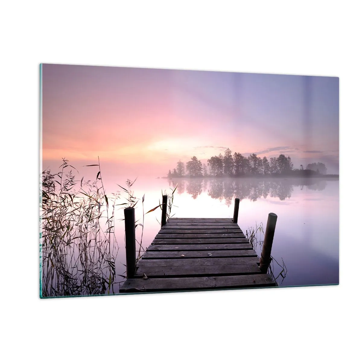 Cuadro sobre vidrio - Impresiones sobre Vidrio - Un muelle al amanecer sobre un lago tranquilo - 120x80cm - De la niebla lila... - Decoración de pared moderna para salón y dormitorio ARTTOR