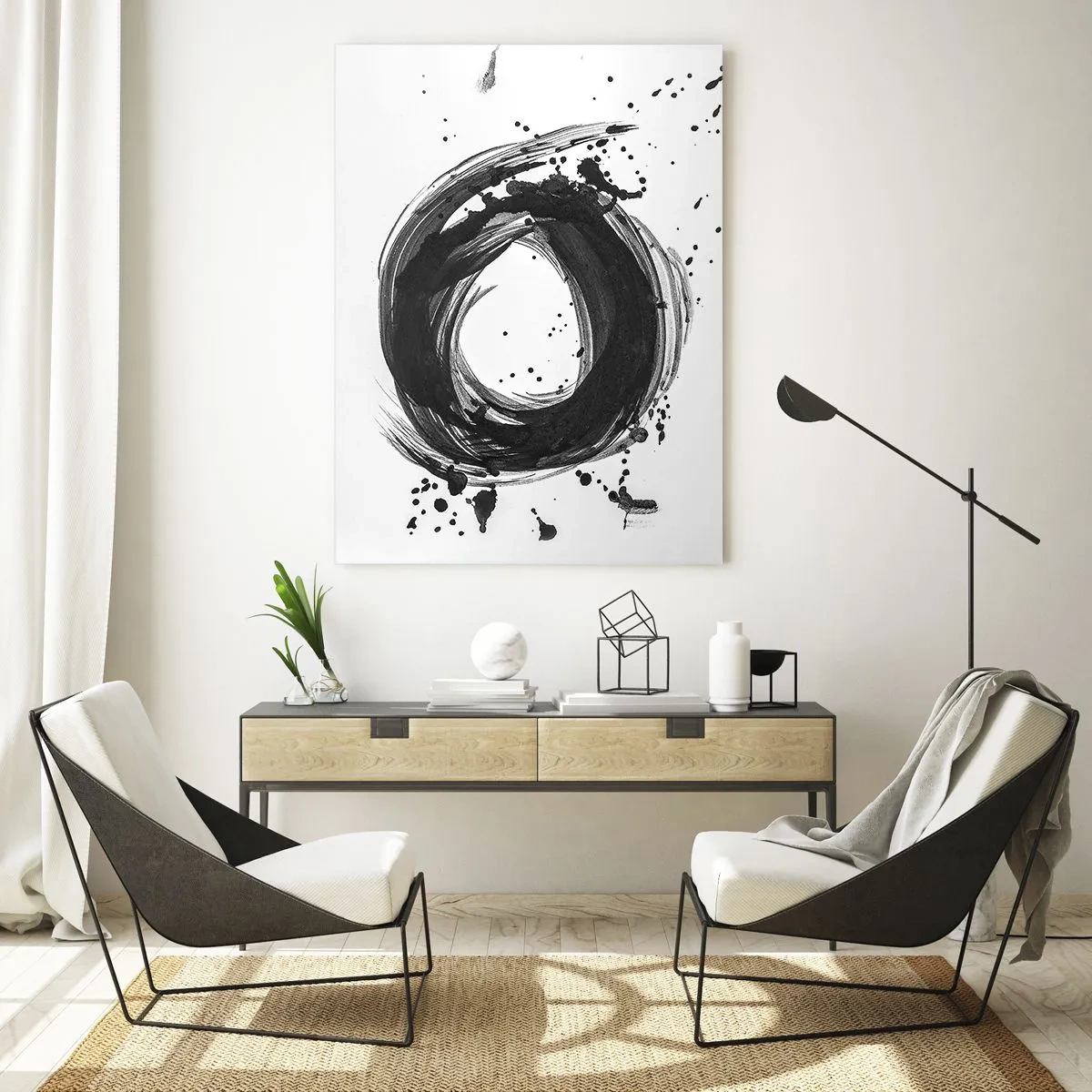 Cuadro sobre vidrio - Impresiones sobre Vidrio - Abstracción negra en forma de círculo sobre fondo blanco. - 70x100cm - El torbellino de la creación - Decoración de pared moderna para salón y dormitorio ARTTOR