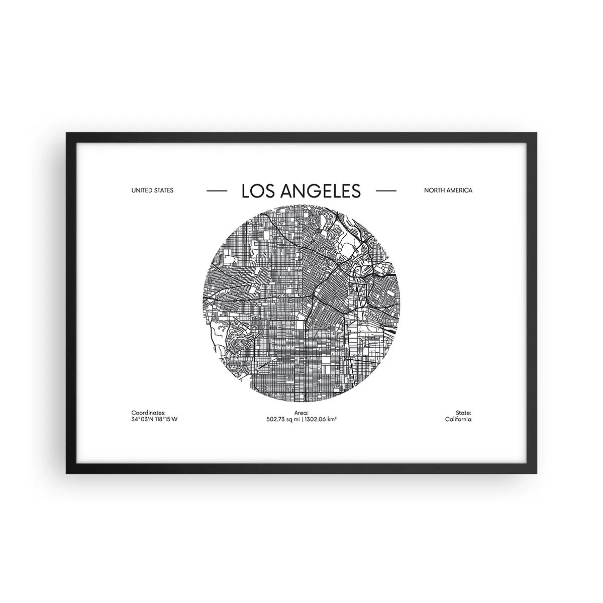 Póster en marco negro - Un mapa de Los Ángeles en un estilo minimalista en blanco y negro. - 70x50cm - Anatomía de Los Ángeles - Decoración de pared moderna para salón y dormitorio ARTTOR