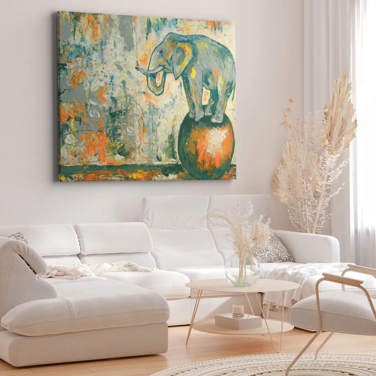 Cuadro sobre lienzo - Impresión de Imagen - Un elefante haciendo equilibrio sobre una pelota en un estilo artístico. - 70x50cm - ¡Viva el circo! - Decoración de pared moderna para salón y dormitorio ARTTOR
