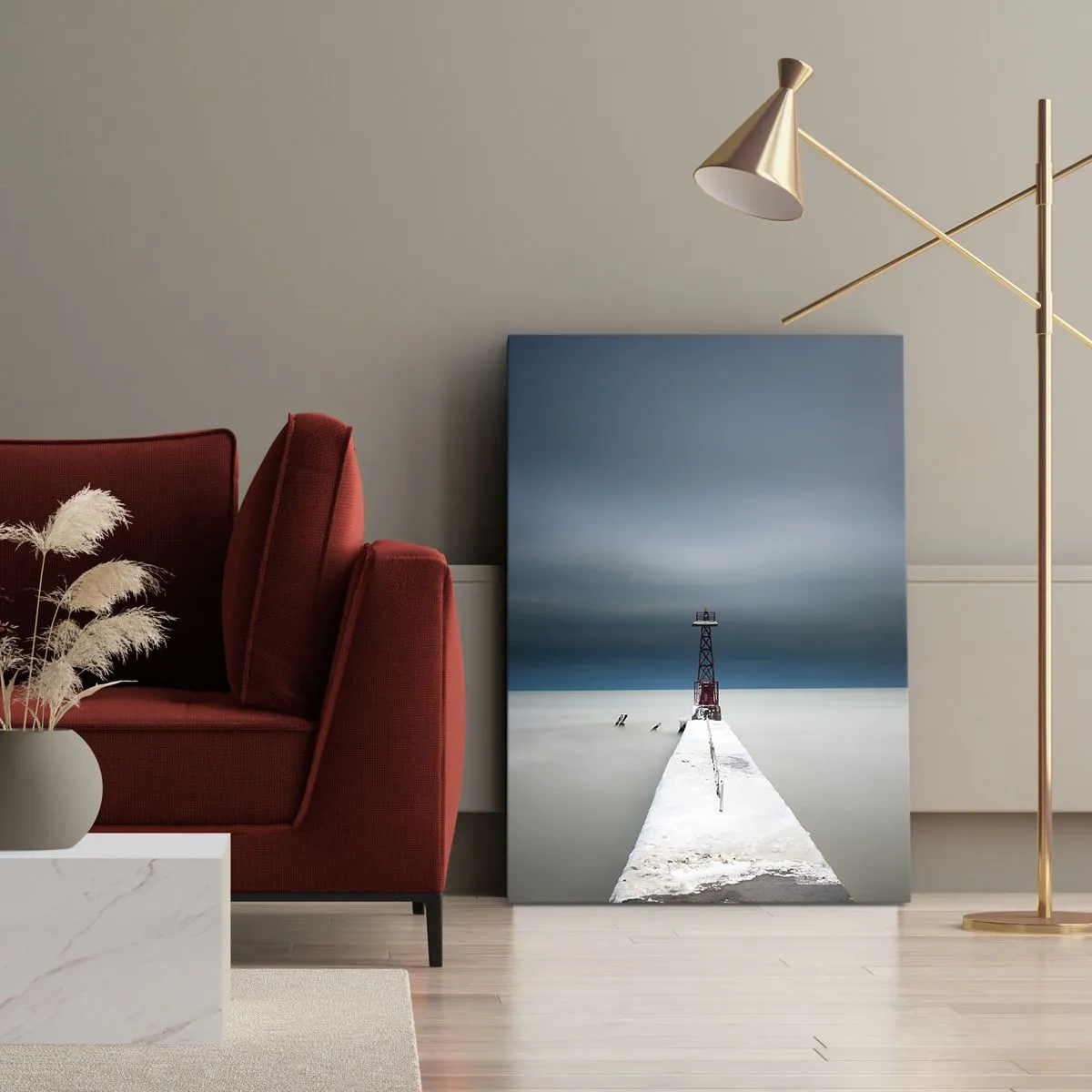Cuadro sobre lienzo - Impresión de Imagen - Un faro al final de un muelle de hormigón en un paisaje desolado - 50x70cm - Encuentro con la inmensidad - Decoración de pared moderna para salón y dormitorio ARTTOR