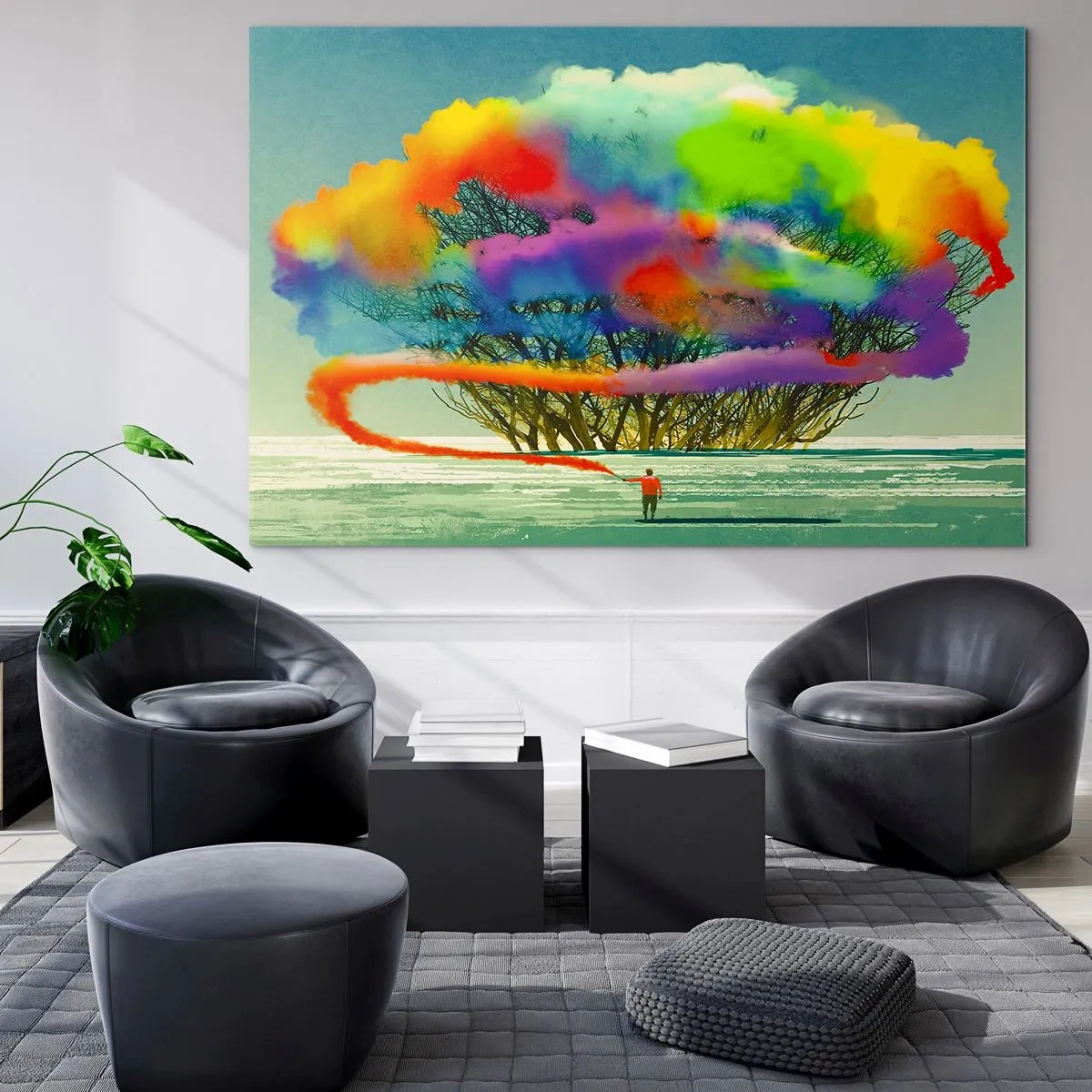 Cuadro sobre vidrio - Impresiones sobre Vidrio - Una colorida explosión de humo con el telón de fondo de un árbol solitario. - 120x80cm - Dale vida a este mundo - Decoración de pared moderna para salón y dormitorio ARTTOR