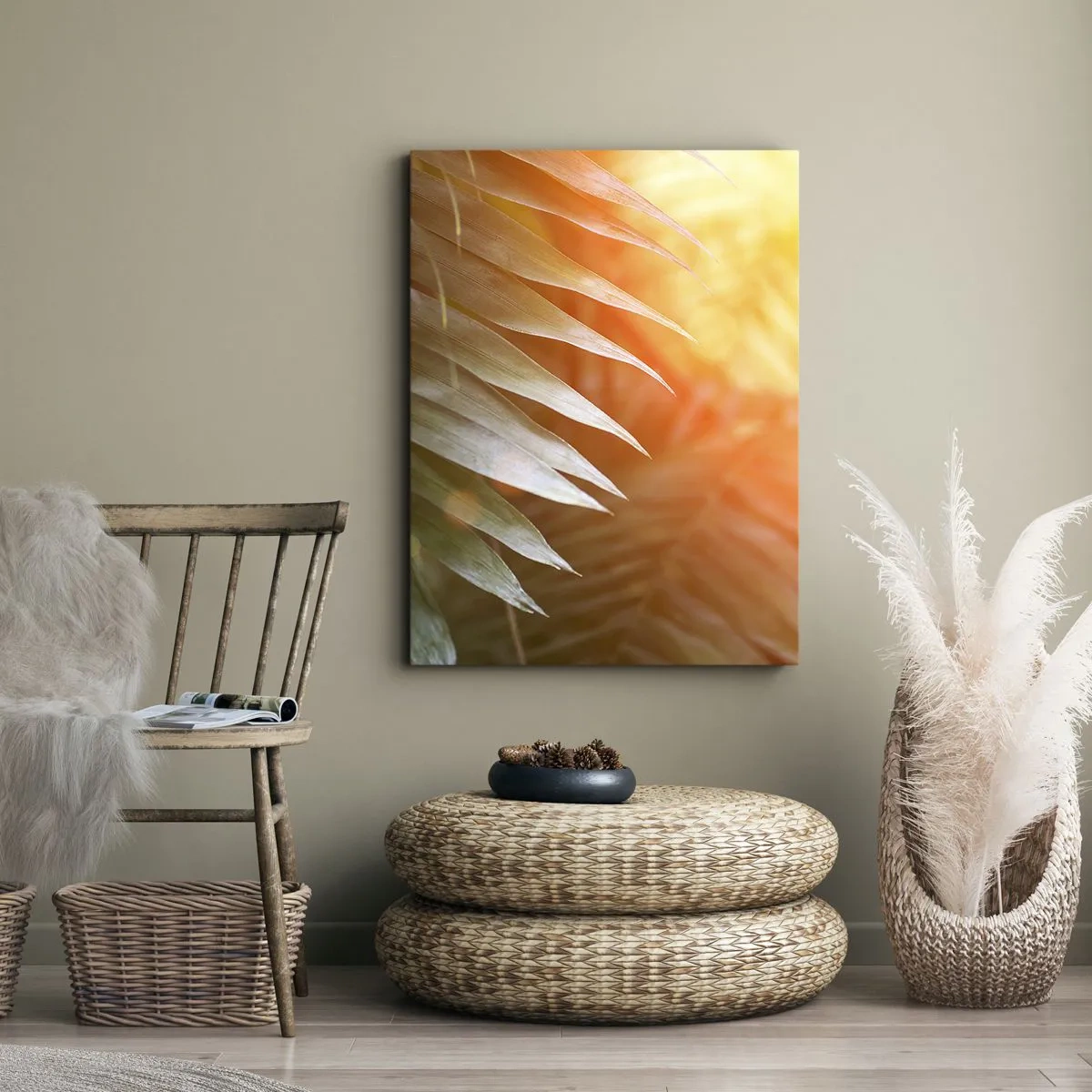 Cuadro sobre lienzo - Impresión de Imagen - Hojas de palma en los rayos del atardecer. - 50x70cm - Mañana en la selva - Decoración de pared moderna para salón y dormitorio ARTTOR