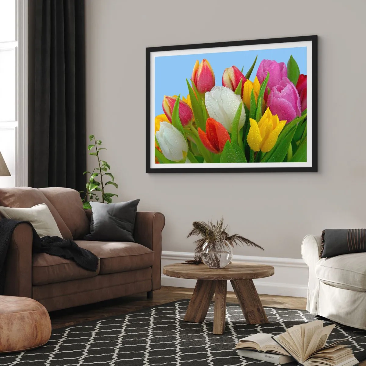 Póster en marco negro - Arco iris floral en gotas de rocío - 91x61 cm