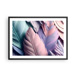 Póster en marco negro - Plumas de colores en tonos pastel sobre un fondo claro. - 70x50cm - Pájaro chic - Decoración de pared moderna para salón y dormitorio ARTTOR