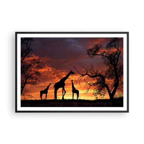 Póster en marco negro - Siluetas de jirafas con el atardecer africano como telón de fondo - 100x70cm - Una pequeña cena con tus seres queridos - Decoración de pared moderna para salón y dormitorio ARTTOR