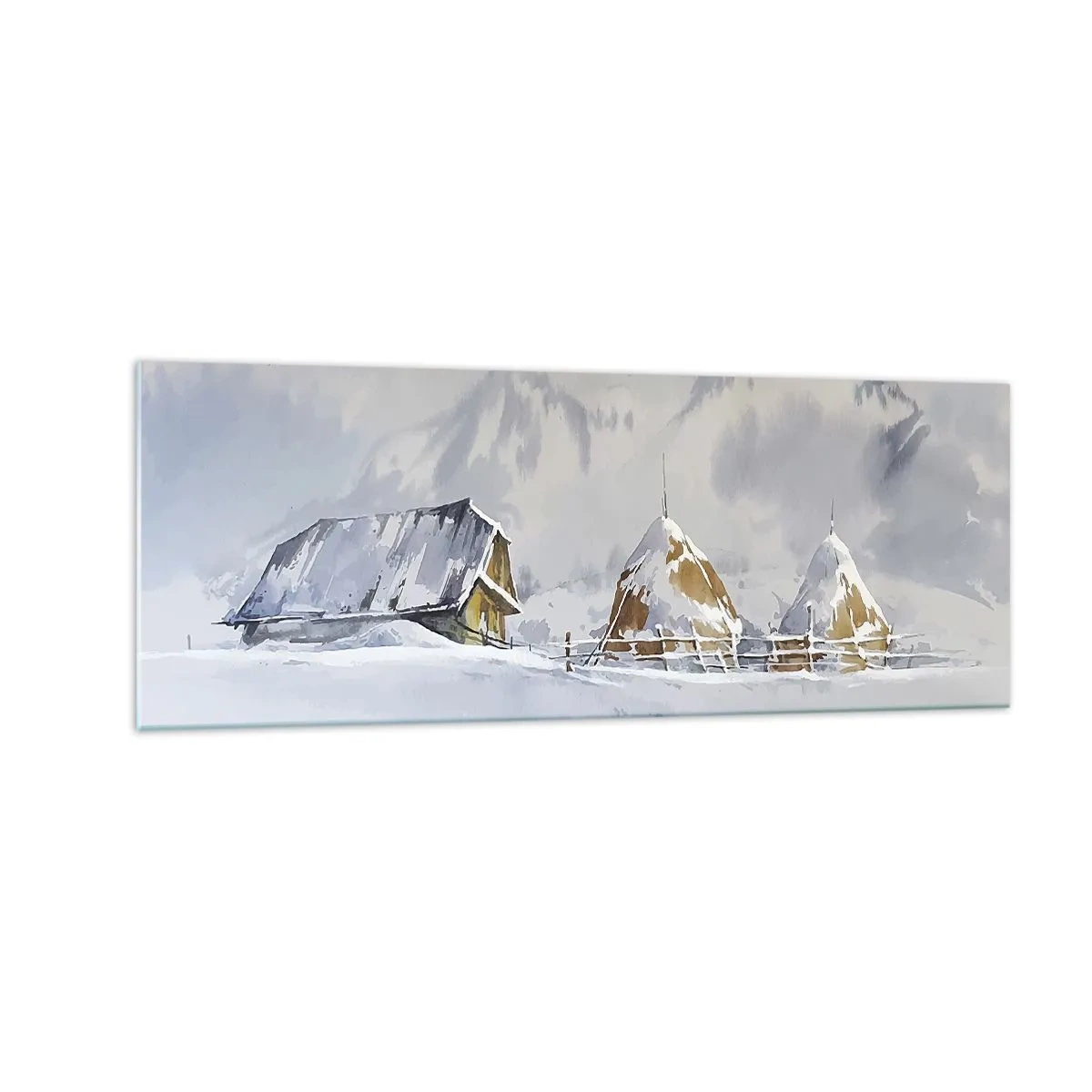 Cuadro sobre vidrio - Impresiones sobre Vidrio - Paisaje invernal con una cabaña y pajares en las montañas - 140x50cm - En un valle nevado - Decoración de pared moderna para salón y dormitorio ARTTOR
