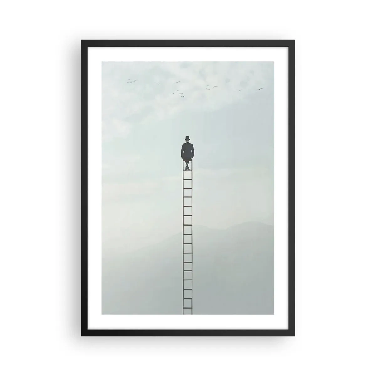 Póster en marco negro - Hombre en una escalera mirando al cielo - 50x70cm - Hacia lo más alto - Decoración de pared moderna para salón y dormitorio ARTTOR