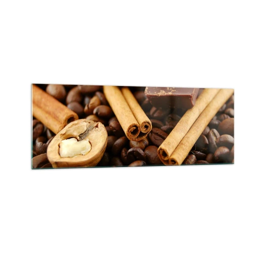 Cuadro sobre vidrio - Impresiones sobre Vidrio - Granos de café con ramas de canela, chocolate y nueces. - 140x50cm - Concierto de aromas - Decoración de pared moderna para salón y dormitorio ARTTOR
