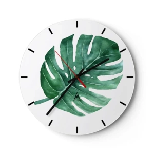 Reloj de pared - Reloj de vidrio - Ilustración en acuarela de una hoja de monstera - 30x30cm - Concepto verde - Decoración de pared moderna para salón, cocina y dormitorio ARTTOR