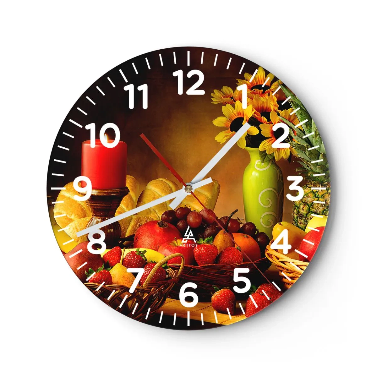 Reloj de pared - Reloj de vidrio - Bodegón con pan y fruta - 30x30 cm