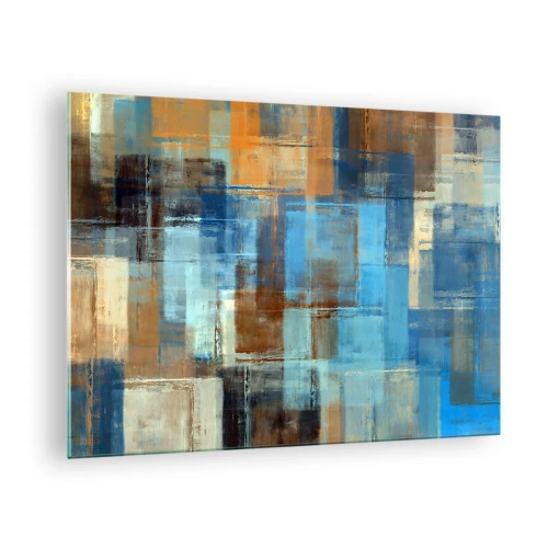 Cuadro sobre vidrio - Impresiones sobre Vidrio - Composición geométrica abstracta en tonos azules y marrones. - 70x50cm - A través del velo azul - Decoración de pared moderna para salón y dormitorio ARTTOR