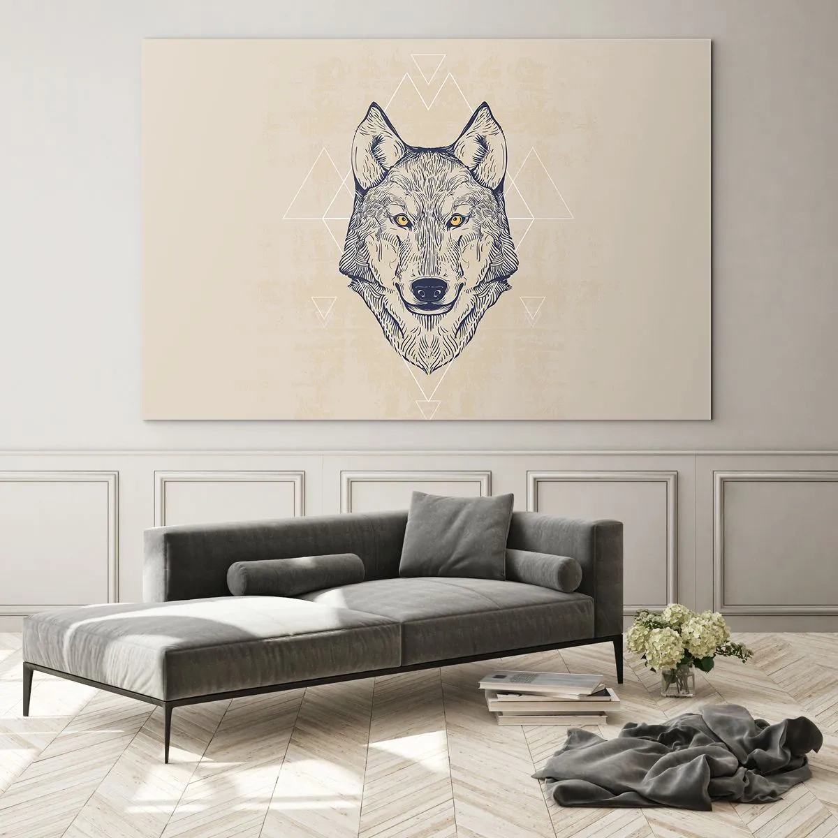 Cuadro sobre vidrio - Impresiones sobre Vidrio - Cabeza de lobo sobre un fondo de patrones geométricos. - 120x80cm - La mirada del lobo alfa - Decoración de pared moderna para salón y dormitorio ARTTOR
