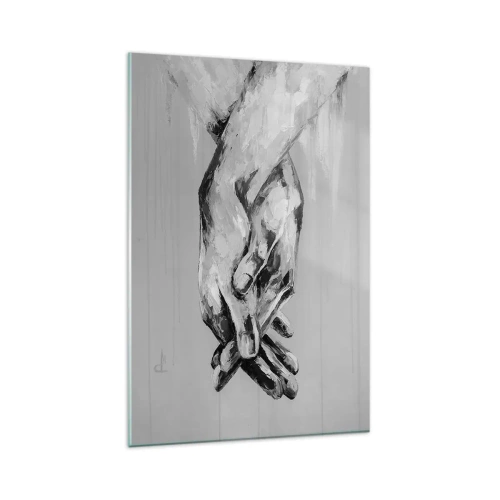 Cuadro sobre vidrio - Impresiones sobre Vidrio - Una composición en blanco y negro de dos manos entrelazadas sobre un fondo claro. - 80x120cm - El comienzo... - Decoración de pared moderna para salón y dormitorio ARTTOR